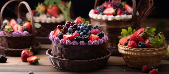 Wall Mural - An assortment of various colorful fresh fruits displayed in several baskets on top of a wooden table