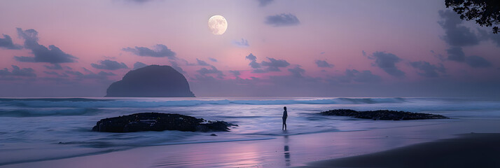 Wall Mural - Lone person viewing the moon rise on the beach