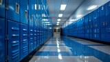 Fototapeta Natura - Long corridor with shiny blue school lockers