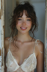 Wall Mural - young woman smiling in a white dress by a door frame