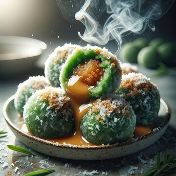 Klepon is a traditional Indonesian snack made from white sticky rice flour filled with liquid red palm sugar - version 3
