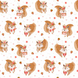 Fototapeta Boho - Cute cartoon squirrel with acorns, hearts and rose flowers gift and heart vector kids seamless pattern.
