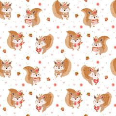 Wall Mural - Cute cartoon squirrel with acorns, hearts and rose flowers gift and heart vector kids seamless pattern.