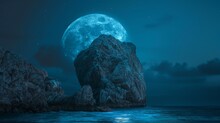 A Giant Stone Rock On The Sea, Glowing Blue Moon In Sky 