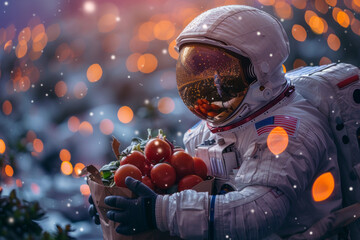 Wall Mural - an astronaut is carrying a shopping bag full with grocery against generative ai