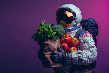 an astronaut is carrying a shopping bag full with grocery against generative ai