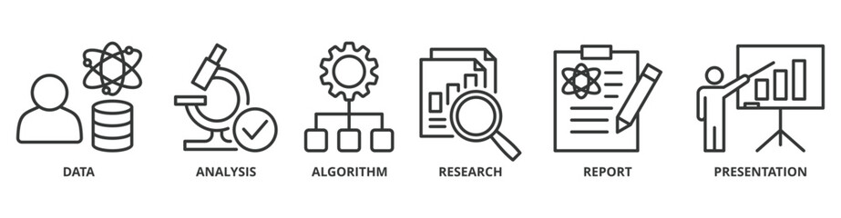 Data scientist banner web icon vector illustration concept with icon of data, analysis, algorithm, research, report, presentation