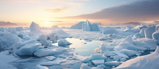 Canvas Print - Icebergs floating in the Arctic Ocean with a stunning sunset in the background creating a tranquil and picturesque scene