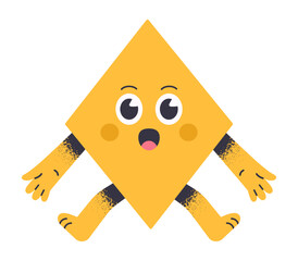 Wall Mural - Comic rhombus mascot. Adorable geometric shape character with surprise emotions, cute yellow rhombus with funny face flat vector illustration. Funny geometric shape