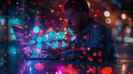Futuristic IoT concept: Man coding on laptop and tablet, symbolizing digital innovation in software development,generative ai