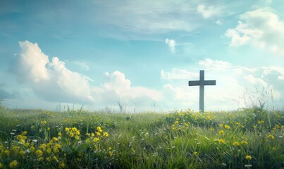 Wall Mural - The Cross of Jesus Christ and beautiful clouds. Cross in a meadow with copy space
