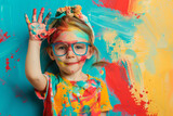 Fototapeta  - Child dressed as an artist on a bright background.
