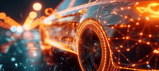White car made of an abstract polygon network - warm orange blurred glowing network in the background