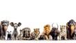 Diverse Collection of Exotic Zoo Animals Compiled in a Striking Horizontal Panorama over a Clean White Background for Versatile Use in