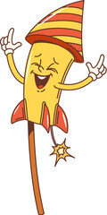 Poster - Retro cartoon groovy firework character. Isolated vibrant rocket or petard personage ready for party celebration, flaunting groove 60s or 70s vibes and psychedelic smile, embody carefree funky spirit