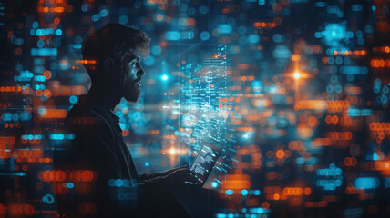 Futuristic IoT concept: Man coding on laptop and tablet, symbolizing digital innovation in software development,generative ai