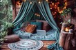 Boho backyard fort built from wood with cushions, laptop and plants