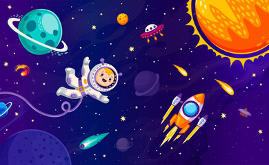 Wall Mural - cartoon kid astronaut character in outer space, galaxy planets and flying starship. little boy cosmo