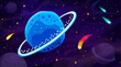 Blue space planet with rings in galaxy landscape, cartoon vector background for kids. Outer space stars and extraterrestrial planets, Saturn and alien earth in starry sky with comets and asteroids