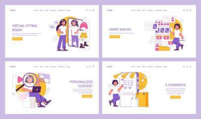  Retail Innovation set. Virtual fitting, smart shelves, personalized content, and e-commerce integration. Retail technology for an enhanced shopping experience. Vector illustration