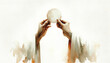 Eucharist. Corpus Christi. Hands holding the sacred host on white background. Digital illustration.
