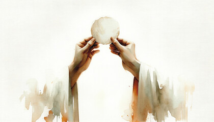 Wall Mural - Eucharist. Corpus Christi. Hands holding the sacred host on white background. Digital illustration.
