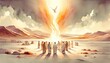 © Faith Stock - Pentecost. The descent of the Holy Spirit on the followers. People in front of a bright fire with white dove up in the sky. Digital painting.