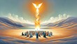 Pentecost. The descent of the Holy Spirit on the followers. People in front of a bright fire with white dove in the sky. Digital painting.
