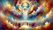 Eucharist. Table symbolizing Lord's supper with sacred chalice and host in the sky. Digital painting. 