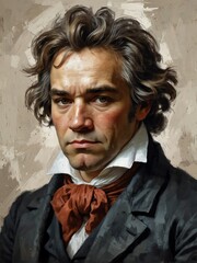 Poster - ludwig van beethoven portrait oil pallet knife paint painting on canvas with large brush strokes art illustration on plain white background from Generative AI