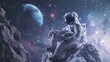 astronaut sitting on a comet observing stars of the universe in high resolution and high quality