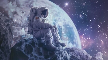 Wall Mural - astronaut sitting on a comet observing stars of the universe in high resolution and quality