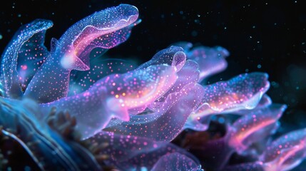 Wall Mural - A world of glowing beauty captured in a still moment featuring bioluminescent organisms on a black background.