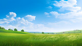 Fototapeta Kuchnia - Green grass field and blue sky with white clouds
