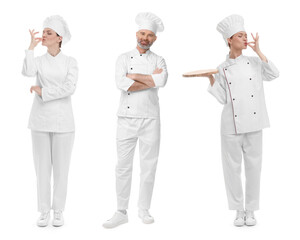 Wall Mural - Chefs in uniforms on white background, set with photos