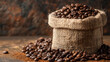 Fresh old sack of coffee grains and brown old wall background,generative ai