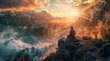 Man meditating on the top of a mountain with beautiful sunrise in the background
