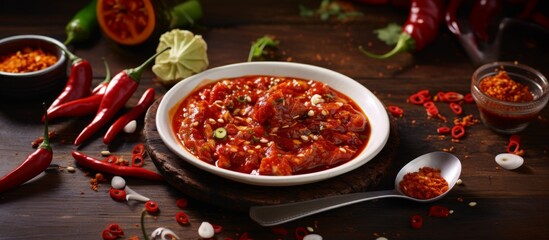 Sticker - A bowl filled with spicy chili sauce is placed on a table, accompanied by multiple spoons for serving