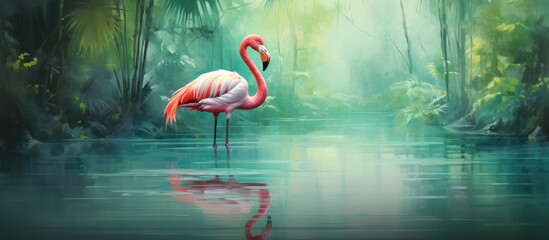 Wall Mural - A beautiful painting of a flamingo gracefully standing in a serene river with a lush forest in the background