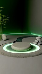 Wall Mural - rounded podium situated next to a slender, winding stream. studio room. 3d stage for product display. an abstract platform for product presentation. podium for advertisement. tech products mockup.