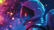 A astronaut peers through the glowing screens at the front of the ship their profile highlighted by the colorful celestial bodies . .