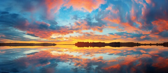 Poster - Tranquil scene of a glowing sunset reflecting in a calm lake, showcasing the beauty of clouds and trees mirrored in the water