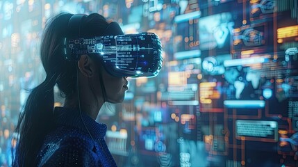 Wall Mural - Woman in virtual reality headset with glowing futuristic interface around her