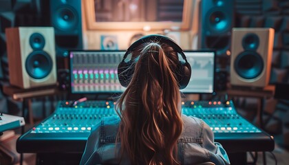 Wall Mural - A female artist in a soundproof studio recording music with a computer mixing desk and audio engineer. Concept Music Production, photo from behind