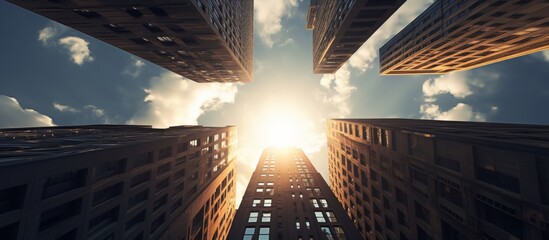 Wall Mural - City view showcasing tall buildings and a bright sun shining down on the urban landscape
