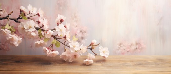 Poster - This image showcases a detailed view of a cherry tree branch filled with beautiful pink flowers blooming in springtime