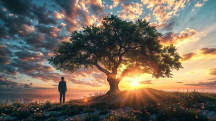 Wall Mural - Man standing under a tree on the sea coast at sunset.