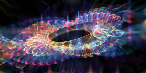 fractal background with glowing circles, crystallographic structure of tremolite fibers (asbestos va