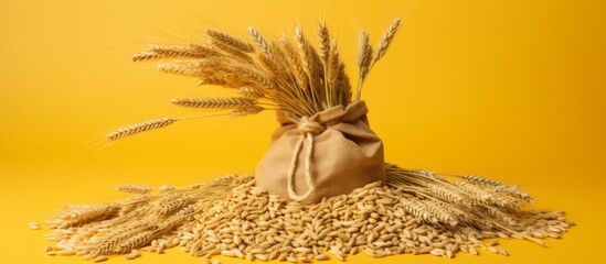 Wall Mural - A sack filled with wheat grains and accompanied by ears of wheat placed on a vibrant yellow background