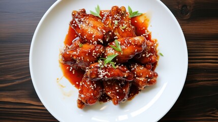 Wall Mural - Fried chicken wings with chili sauce on white plate. Barbecue meat and grill.